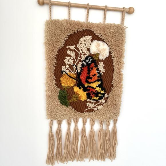 Butterfly Latch Hook Rug Vintage 1970's Wall Hanging Yarn Art Macrame - Picture 7 of 7